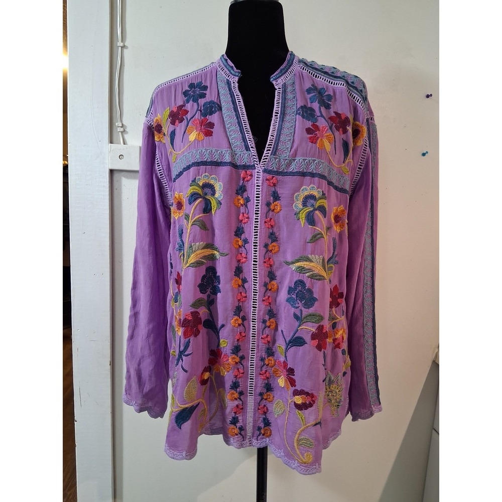 Johnny Was Purple Cupra Rayon Floral Embroidered Tunic Top C18423-E l Medium